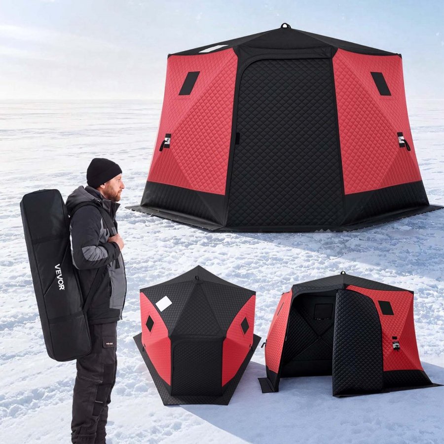 VEVOR Pop Up Ice Fishing Tent 6-8 Person 3.3 x 3.3 x 2 m Insulated Shelter, for Winter Fishing, 6.75 m² Area, 600D 4-Layer Fabric, Portable Hub-Style Shanty Cube with Anchors, Ropes, Carry Bag, Red