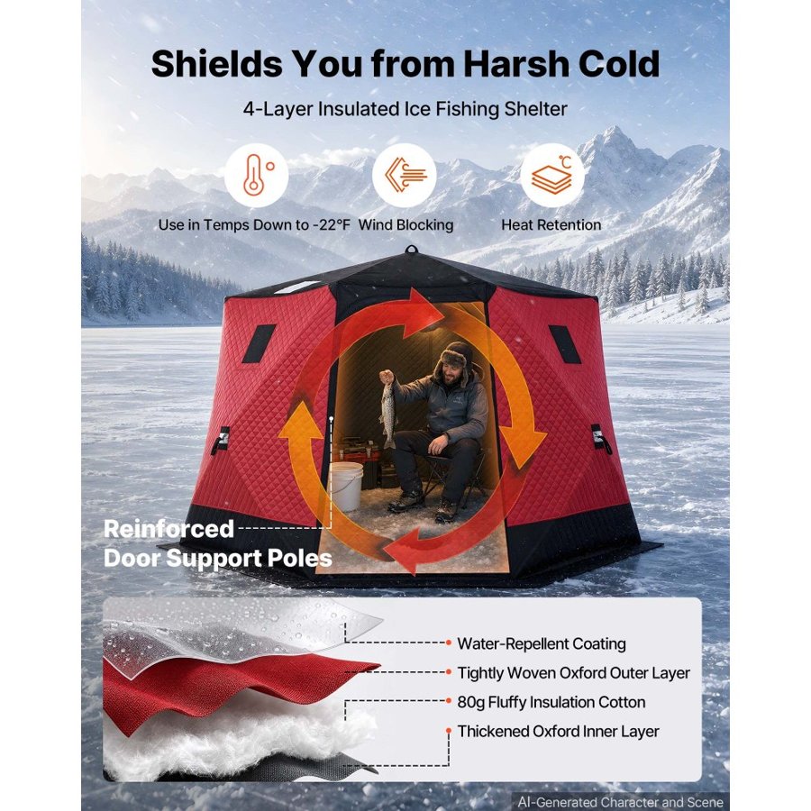 VEVOR Pop Up Ice Fishing Tent 6-8 Person 3.3 x 3.3 x 2 m Insulated Shelter, for Winter Fishing, 6.75 m² Area, 600D 4-Layer Fabric, Portable Hub-Style Shanty Cube with Anchors, Ropes, Carry Bag, Red