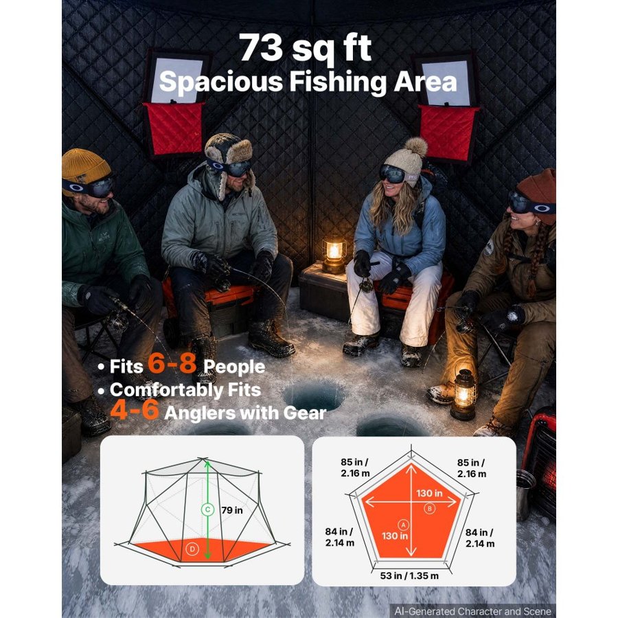 VEVOR Pop Up Ice Fishing Tent 6-8 Person 3.3 x 3.3 x 2 m Insulated Shelter, for Winter Fishing, 6.75 m² Area, 600D 4-Layer Fabric, Portable Hub-Style Shanty Cube with Anchors, Ropes, Carry Bag, Red