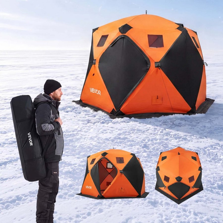 VEVOR Pop Up Ice Fishing Tent 6-8 Person 3.47x1.74x2.3 m Insulated Shelter, for Winter Fishing, 7.82 m² Area, 600D 4-Layer Fabric, Portable Hub-Style Shanty Cube with Anchors, Ropes & Carrying Bag
