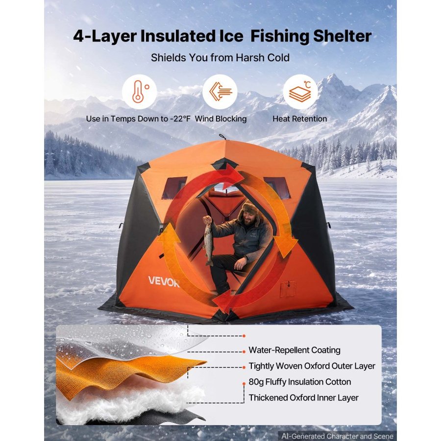 VEVOR Pop Up Ice Fishing Tent 6-8 Person 3.47x1.74x2.3 m Insulated Shelter, for Winter Fishing, 7.82 m² Area, 600D 4-Layer Fabric, Portable Hub-Style Shanty Cube with Anchors, Ropes & Carrying Bag