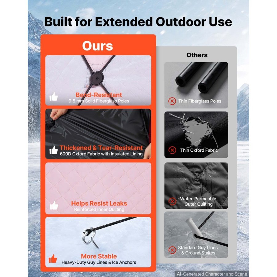 VEVOR Pop Up Ice Fishing Tent 6-8 Person 3.47x1.74x2.3 m Insulated Shelter, for Winter Fishing, 7.82 m² Area, 600D 4-Layer Fabric, Portable Hub-Style Shanty Cube with Anchors, Ropes & Carrying Bag