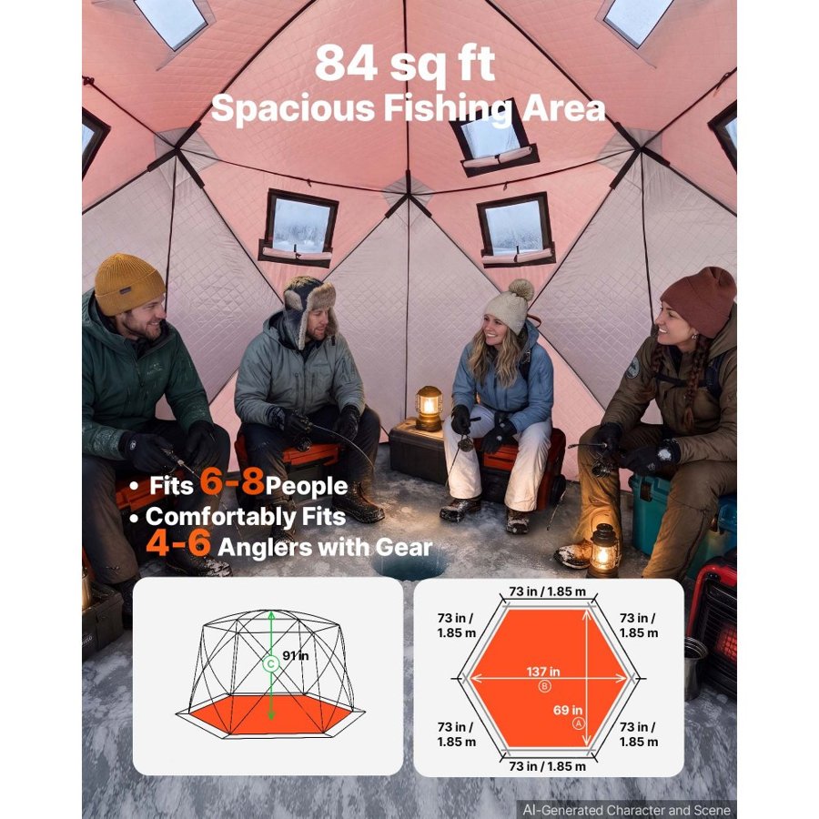 VEVOR Pop Up Ice Fishing Tent 6-8 Person 3.47x1.74x2.3 m Insulated Shelter, for Winter Fishing, 7.82 m² Area, 600D 4-Layer Fabric, Portable Hub-Style Shanty Cube with Anchors, Ropes & Carrying Bag