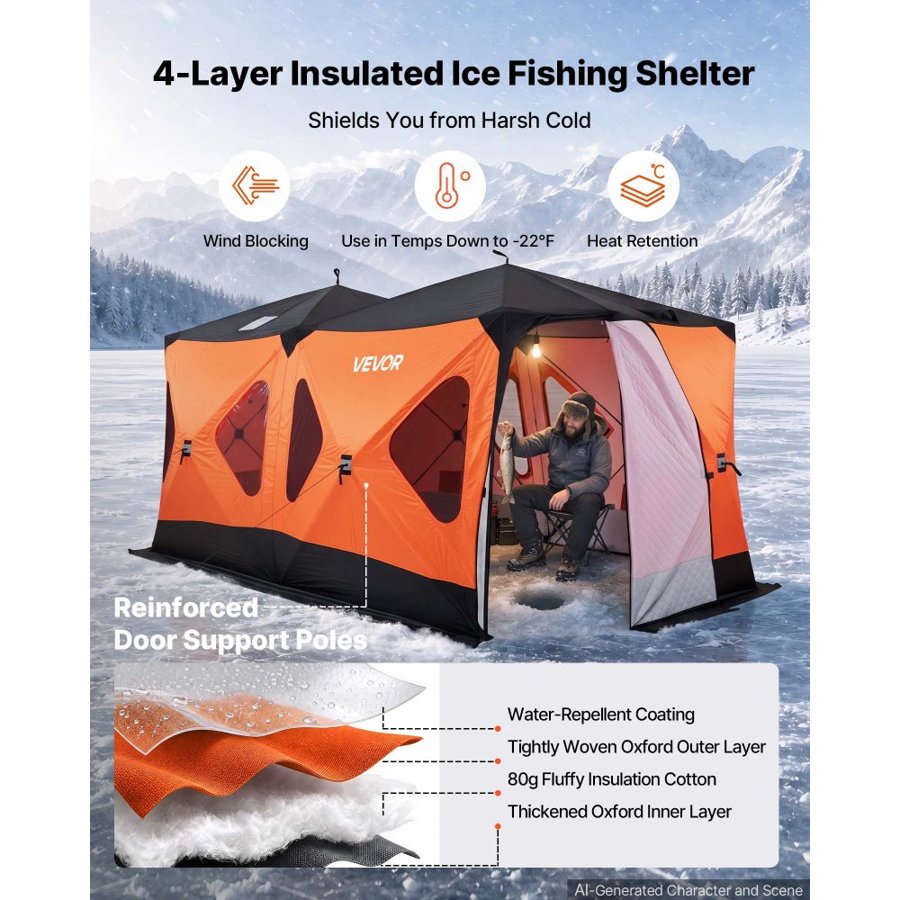 VEVOR Pop Up Ice Fishing Tent 8-10 Person 4.11x2.3x2.3 m Insulated Shelter, for Winter Fishing, 10.7 m² Area, 600D 4-Layer Fabric, Portable Hub-Style Shanty Cube with Anchors, Ropes & Carrying Bag