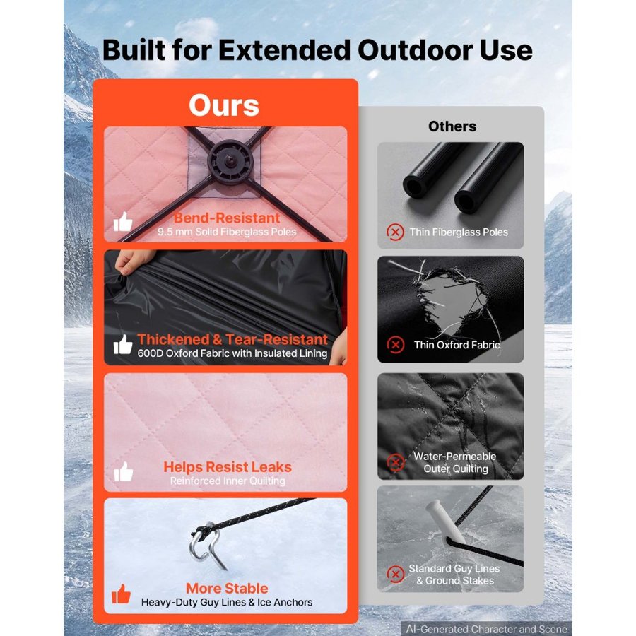 VEVOR Pop Up Ice Fishing Tent 8-10 Person 4.11x2.3x2.3 m Insulated Shelter, for Winter Fishing, 10.7 m² Area, 600D 4-Layer Fabric, Portable Hub-Style Shanty Cube with Anchors, Ropes & Carrying Bag