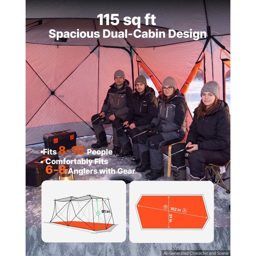 VEVOR Pop Up Ice Fishing Tent 8-10 Person 4.11x2.3x2.3 m Insulated Shelter, for Winter Fishing, 10.7 m² Area, 600D 4-Layer Fabric, Portable Hub-Style Shanty Cube with Anchors, Ropes & Carrying Bag