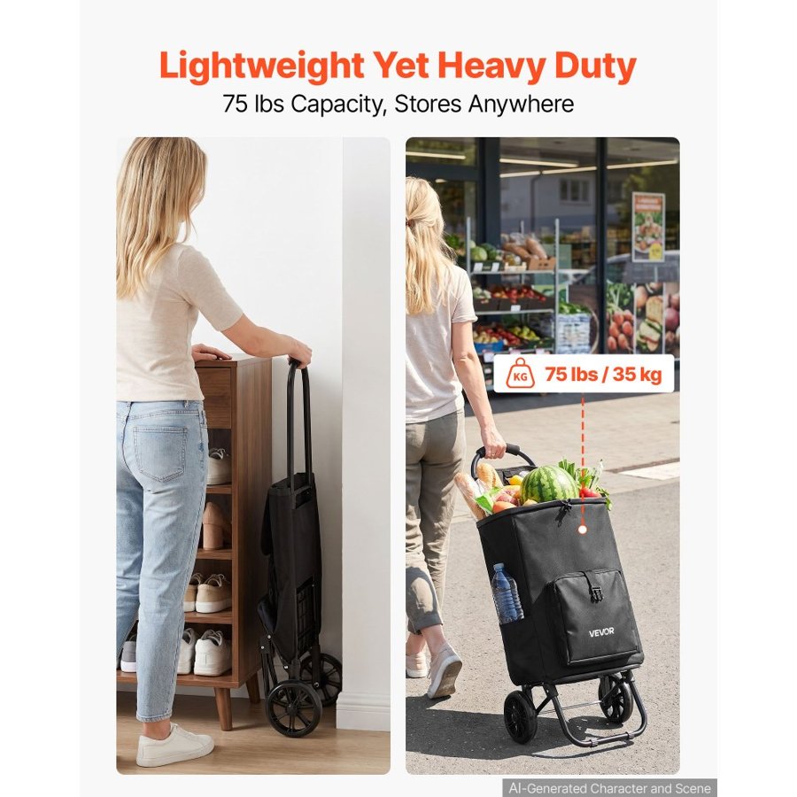 VEVOR Shopping Cart with Wheels Foldable Trolley Dolly for Groceries Black, 2-in-1 Rolling Utility Cart with Detachable Bag, Soft Foam Handle, Storage Compartments, Compact for Market Laundry Camping