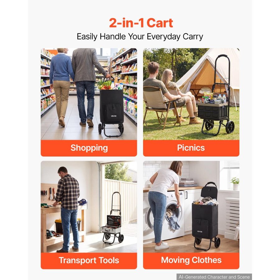 VEVOR Shopping Cart with Wheels Foldable Trolley Dolly for Groceries Black, 2-in-1 Rolling Utility Cart with Detachable Bag, Soft Foam Handle, Storage Compartments, Compact for Market Laundry Camping