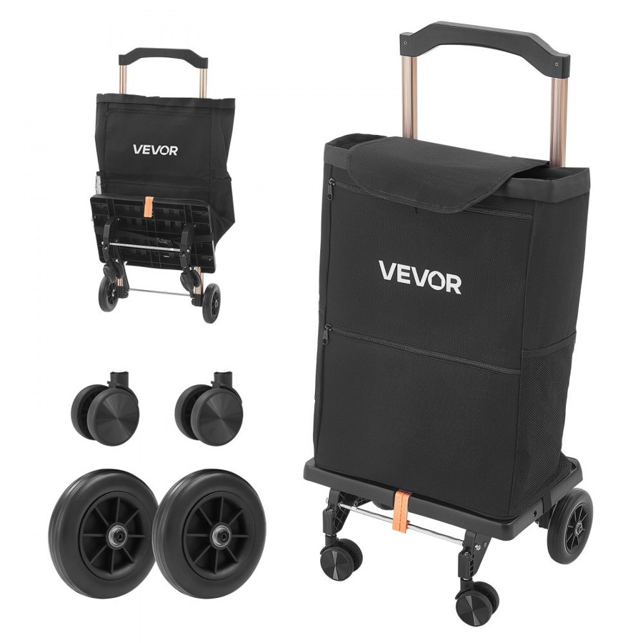 VEVOR Shopping Cart with 4 Wheels Foldable Trolley Dolly for Grocery Black, 2-in-1 Rolling Utility Cart, Detachable Bag, Telescopic Handle, Storage Compartments, Heavy-duty for Market Laundry Camping