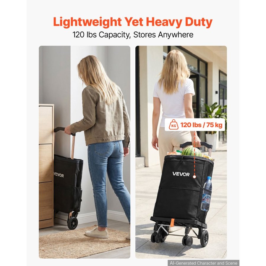 VEVOR Shopping Cart with 4 Wheels Foldable Trolley Dolly for Grocery Black, 2-in-1 Rolling Utility Cart, Detachable Bag, Telescopic Handle, Storage Compartments, Heavy-duty for Market Laundry Camping