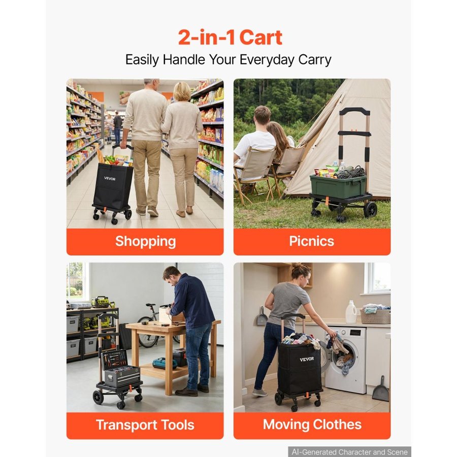 VEVOR Shopping Cart with 4 Wheels Foldable Trolley Dolly for Grocery Black, 2-in-1 Rolling Utility Cart, Detachable Bag, Telescopic Handle, Storage Compartments, Heavy-duty for Market Laundry Camping
