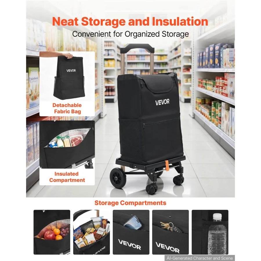 VEVOR Shopping Cart with 4 Wheels Foldable Trolley Dolly for Grocery Black, 2-in-1 Rolling Utility Cart, Detachable Bag, Telescopic Handle, Storage Compartments, Heavy-duty for Market Laundry Camping