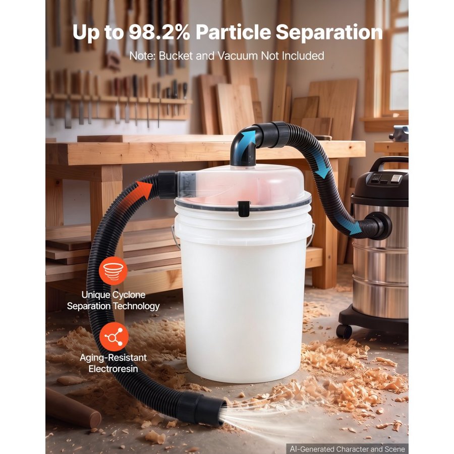 VEVOR Cyclone Dust Separator Kit, 50.8-63.5 mm Vacuum Dust Collector, for Woodworking and Shop Wet/Dry Vacuums, Fits Standard 5 Gallon Buckets (Exclude), Elbow Adapter & 90 cm Hose, Translucent
