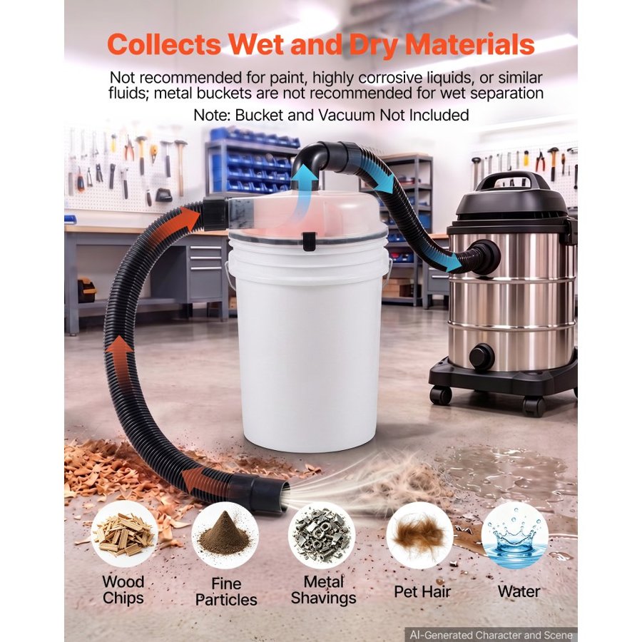 VEVOR Cyclone Dust Separator Kit, 50.8-63.5 mm Vacuum Dust Collector, for Woodworking and Shop Wet/Dry Vacuums, Fits Standard 5 Gallon Buckets (Exclude), Elbow Adapter & 90 cm Hose, Translucent