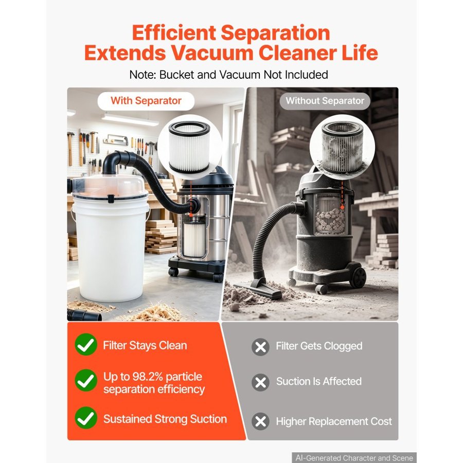 VEVOR Cyclone Dust Separator Kit, 50.8-63.5 mm Vacuum Dust Collector, for Woodworking and Shop Wet/Dry Vacuums, Fits Standard 5 Gallon Buckets (Exclude), Elbow Adapter & 90 cm Hose, Translucent