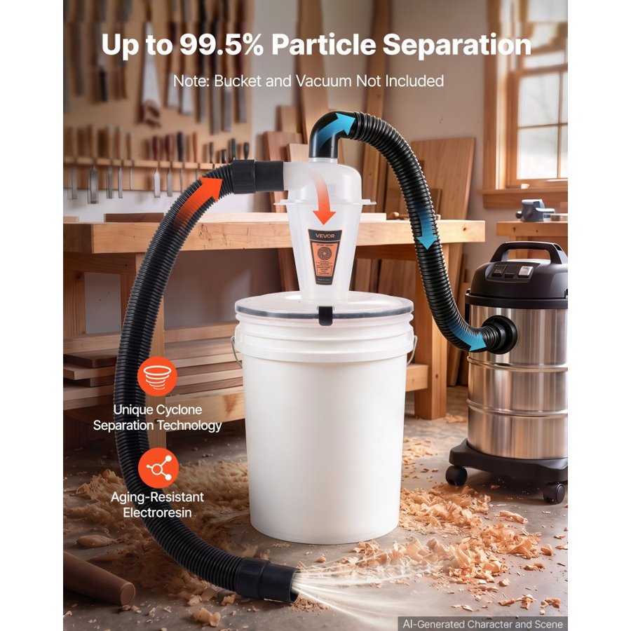 VEVOR Cyclone Dust Separator Kit, 50.8 mm O.D. Dust Collector Translucent PP, Great for Woodworking and Shop Wet/Dry Vacuums, Fits Various Buckets (Exclude), with Elbow Adapter, Hardware, Sealing Pad