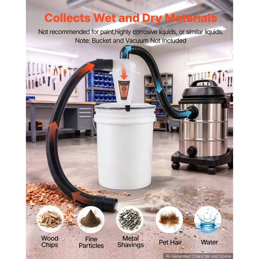 VEVOR Cyclone Dust Separator Kit, 50.8 mm O.D. Dust Collector Translucent PP, Great for Woodworking and Shop Wet/Dry Vacuums, Fits Various Buckets (Exclude), with Elbow Adapter, Hardware, Sealing Pad