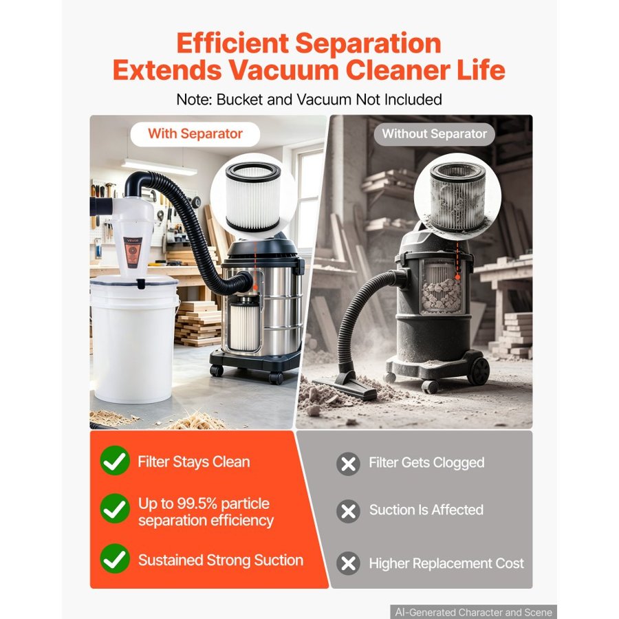 VEVOR Cyclone Dust Separator Kit, 50.8 mm O.D. Dust Collector Translucent PP, Great for Woodworking and Shop Wet/Dry Vacuums, Fits Various Buckets (Exclude), with Elbow Adapter, Hardware, Sealing Pad