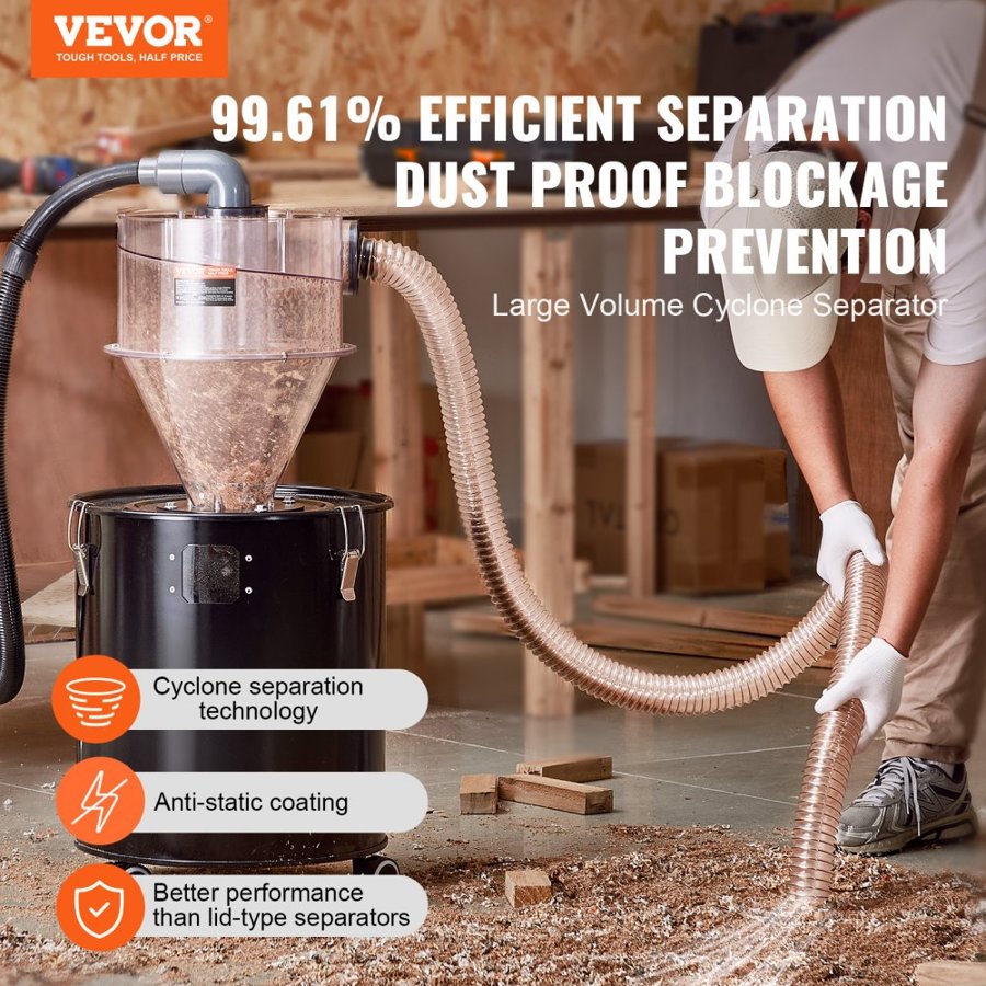 VEVOR Cyclone Dust Separator, 4" Retrofit Cyclone Separator for Dust Collectors, ABS Dust Deputy With 2" Hole O.D. Connector & Hose for Wet/Dry Shop Vacuums, Fits 18.9-37.85L Tank (Tank Exclude)