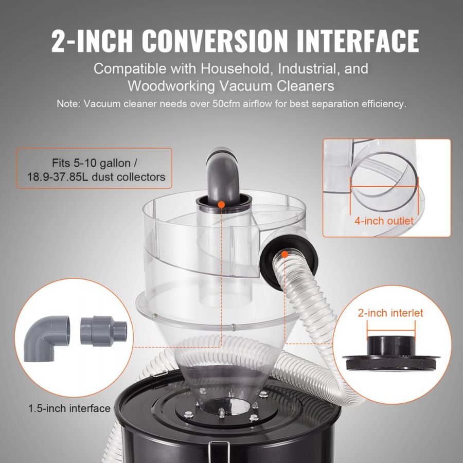VEVOR Cyclone Dust Separator, 4" Retrofit Cyclone Separator for Dust Collectors, ABS Dust Deputy With 2" Hole O.D. Connector & Hose for Wet/Dry Shop Vacuums, Fits 18.9-37.85L Tank (Tank Exclude)