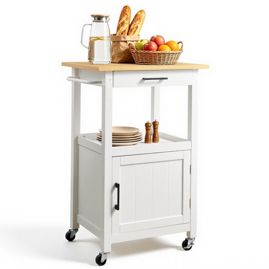 VEVOR Kitchen Island Cart with Single Door Cabinet, Mobile Carts with Drawer, Towel Rack, Hooks, Portable Table on Swivel Wheels, Small Coffee Islands Microwave Stand for Dining Room, 45x59cm, White
