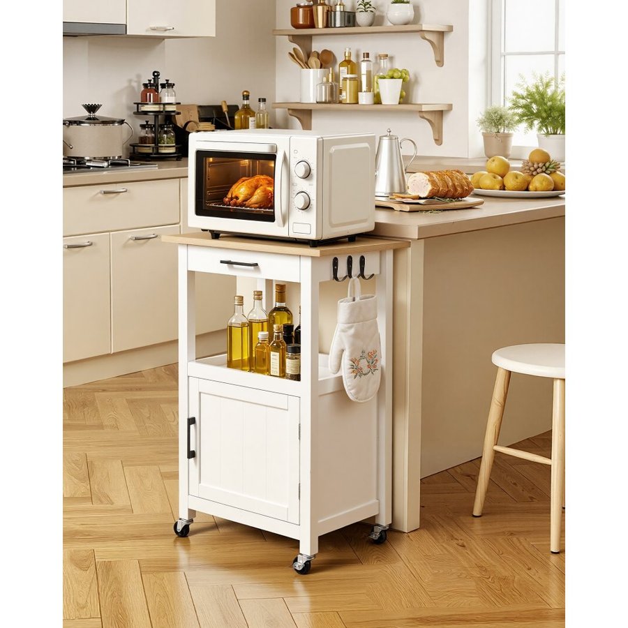 VEVOR Kitchen Island Cart with Single Door Cabinet, Mobile Carts with Drawer, Towel Rack, Hooks, Portable Table on Swivel Wheels, Small Coffee Islands Microwave Stand for Dining Room, 45x59cm, White