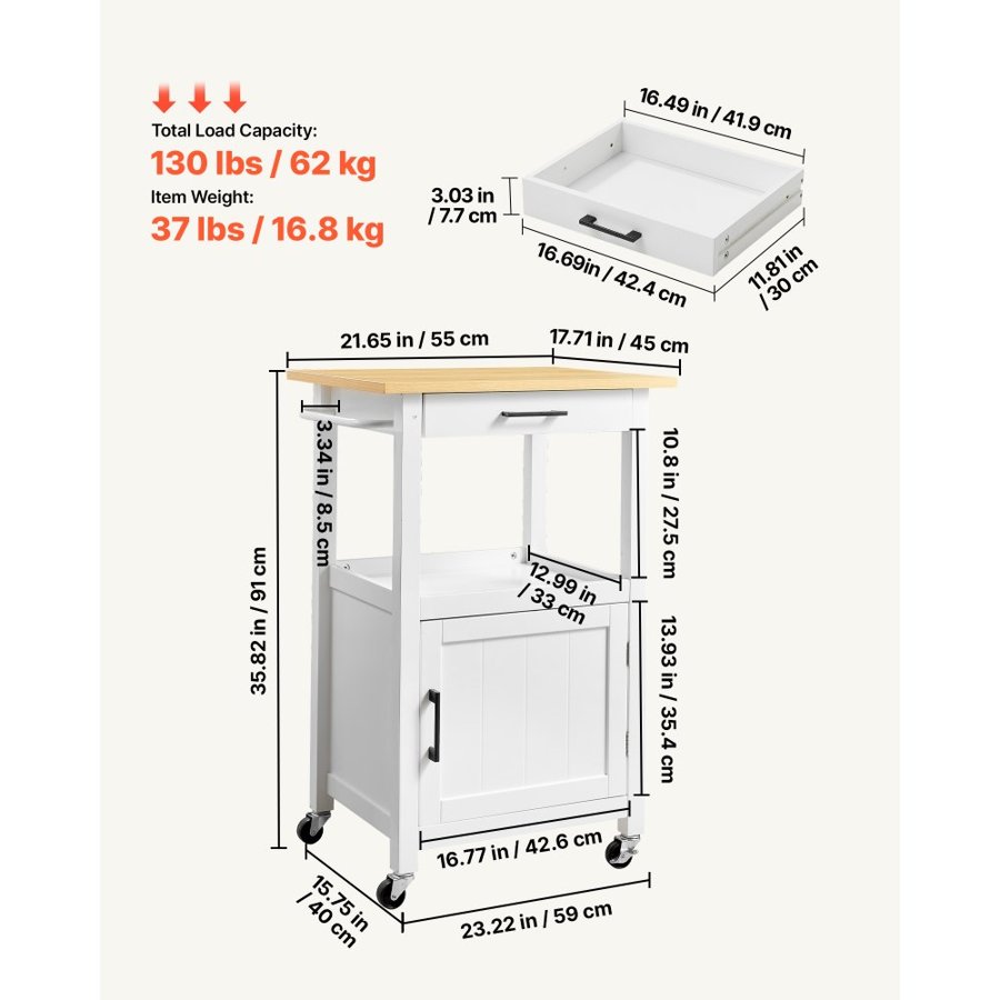 VEVOR Kitchen Island Cart with Single Door Cabinet, Mobile Carts with Drawer, Towel Rack, Hooks, Portable Table on Swivel Wheels, Small Coffee Islands Microwave Stand for Dining Room, 45x59cm, White