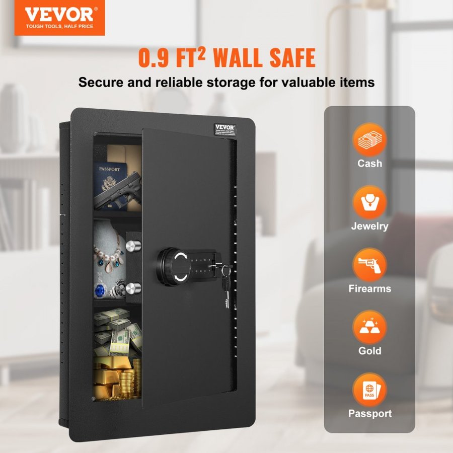 VEVOR 65 cm Tall Wall Safe 3-Tier Hidden Safe with Keypad Shelves & Key Holders