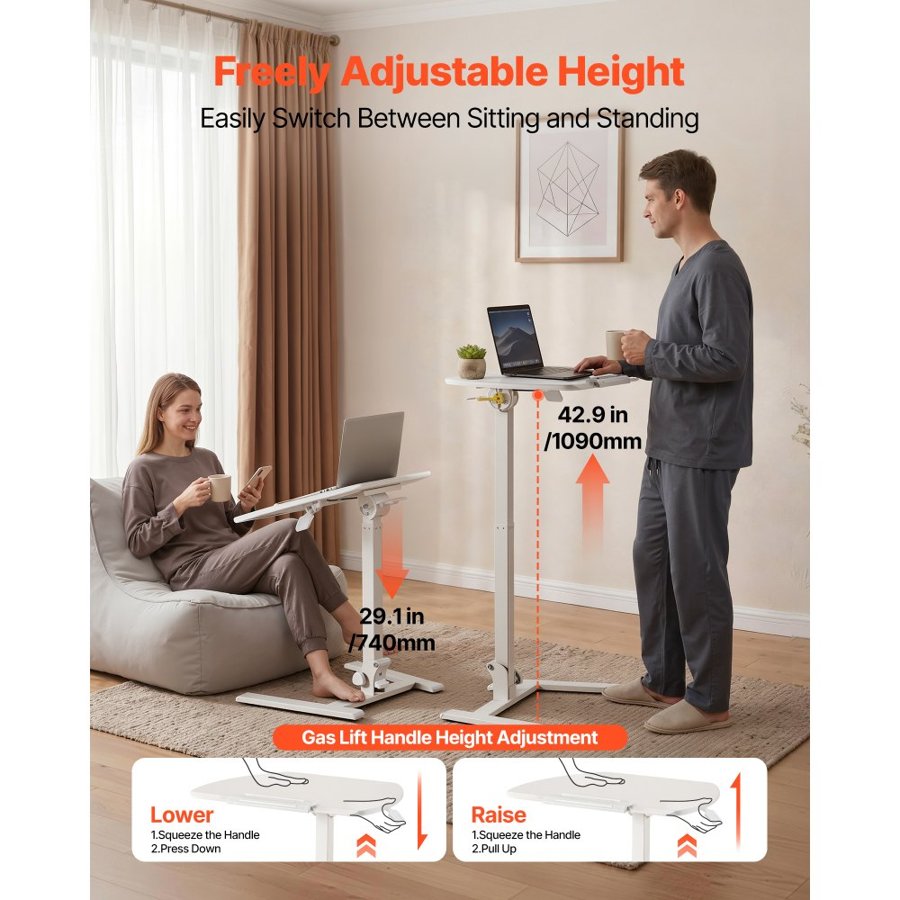 VEVOR Standing Desk, Adjustable Height Mobile Stand Up Desk with Tilting Desktop, 650 x 480 mm Small Computer Sit Stand Workstation, 15 kg Capacity, Pneumatic Lift for Home Office, Fully Assembled