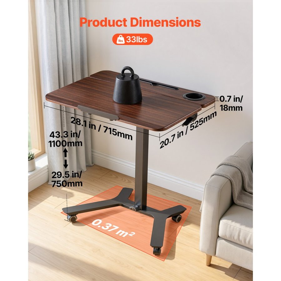 VEVOR Standing Desk, Adjustable Height Mobile Stand Up Desk with Tilting Desktop, 715 x 525 mm Small Computer Sit Stand Workstation, 15 kg Load Capacity, Foot Pedal Pneumatic Lift for Home, Office
