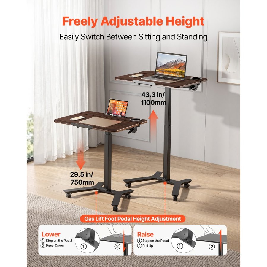 VEVOR Standing Desk, Adjustable Height Mobile Stand Up Desk with Tilting Desktop, 715 x 525 mm Small Computer Sit Stand Workstation, 15 kg Load Capacity, Foot Pedal Pneumatic Lift for Home, Office