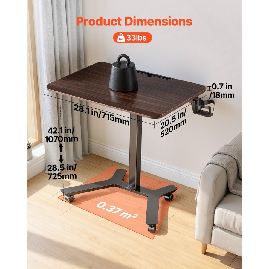 VEVOR Standing Desk, Adjustable Height Mobile Stand Up Desk w/ Casters, 715 x 520 mm Small Computer Sit Stand Rolling Workstation w/ Hook, 15 kg Capacity, Foot Pedal Pneumatic Lift for Home Office