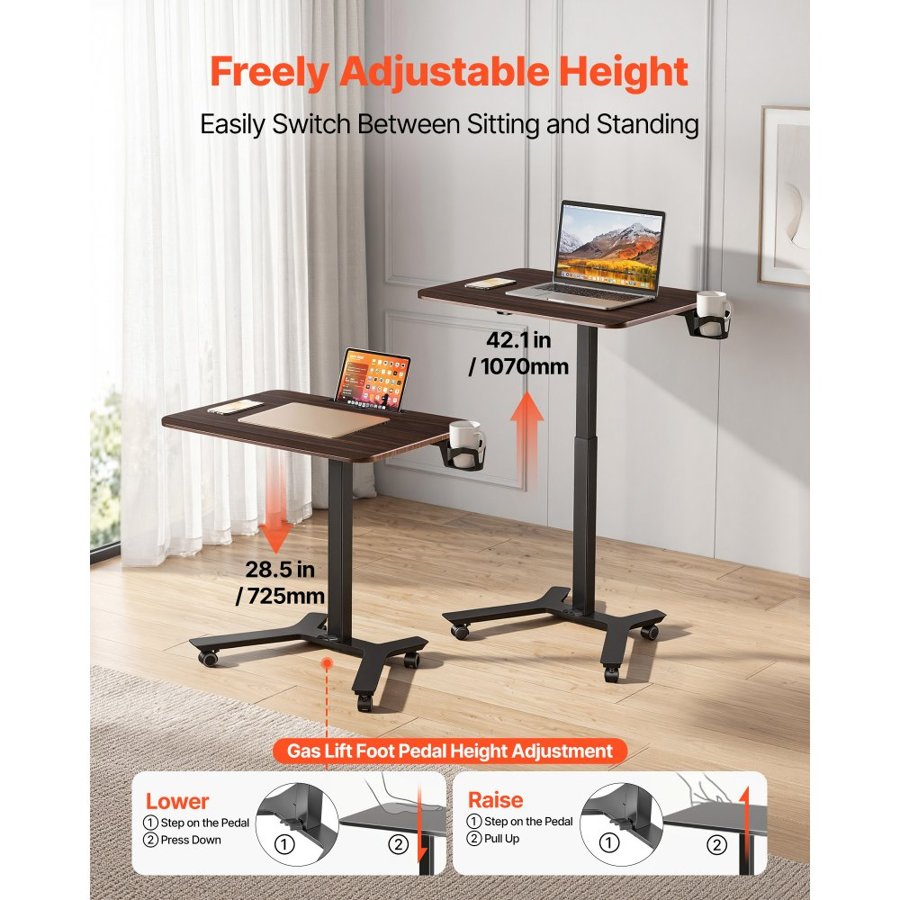 VEVOR Standing Desk, Adjustable Height Mobile Stand Up Desk w/ Casters, 715 x 520 mm Small Computer Sit Stand Rolling Workstation w/ Hook, 15 kg Capacity, Foot Pedal Pneumatic Lift for Home Office