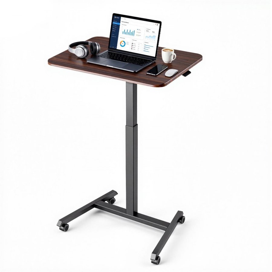 VEVOR Standing Desk, Adjustable Height Mobile Stand Up Desk with 4 Casters, 650 x 480 mm Small Computer Sit Stand Rolling Workstation with Hook, 15 kg Desktop Capacity, Ideal for Home Office, Brown
