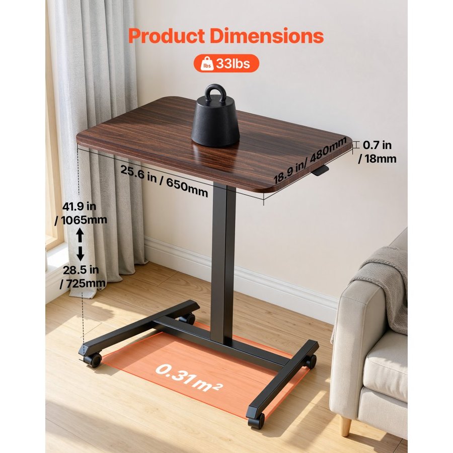 VEVOR Standing Desk, Adjustable Height Mobile Stand Up Desk with 4 Casters, 650 x 480 mm Small Computer Sit Stand Rolling Workstation with Hook, 15 kg Desktop Capacity, Ideal for Home Office, Brown
