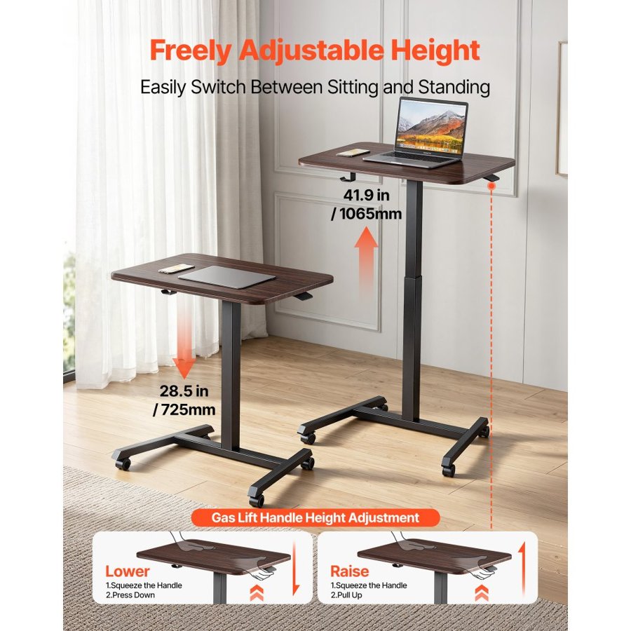 VEVOR Standing Desk, Adjustable Height Mobile Stand Up Desk with 4 Casters, 650 x 480 mm Small Computer Sit Stand Rolling Workstation with Hook, 15 kg Desktop Capacity, Ideal for Home Office, Brown