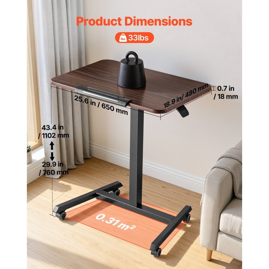 VEVOR Standing Desk, Adjustable Height Mobile Stand Up Desk with Tilting Desktop, 650 x 480 mm Small Computer Sit Stand Rolling Workstation with 4 Casters, 15 kg Capacity, Ideal for Home Office
