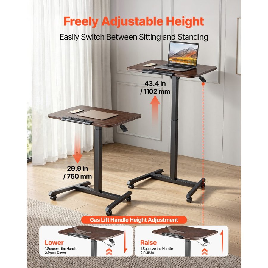 VEVOR Standing Desk, Adjustable Height Mobile Stand Up Desk with Tilting Desktop, 650 x 480 mm Small Computer Sit Stand Rolling Workstation with 4 Casters, 15 kg Capacity, Ideal for Home Office