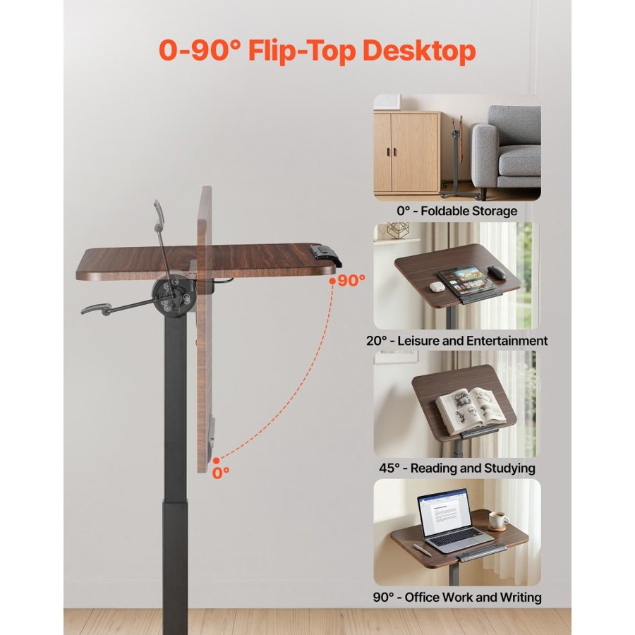 VEVOR Standing Desk, Adjustable Height Mobile Stand Up Desk with Tilting Desktop, 650 x 480 mm Small Computer Sit Stand Rolling Workstation with 4 Casters, 15 kg Capacity, Ideal for Home Office