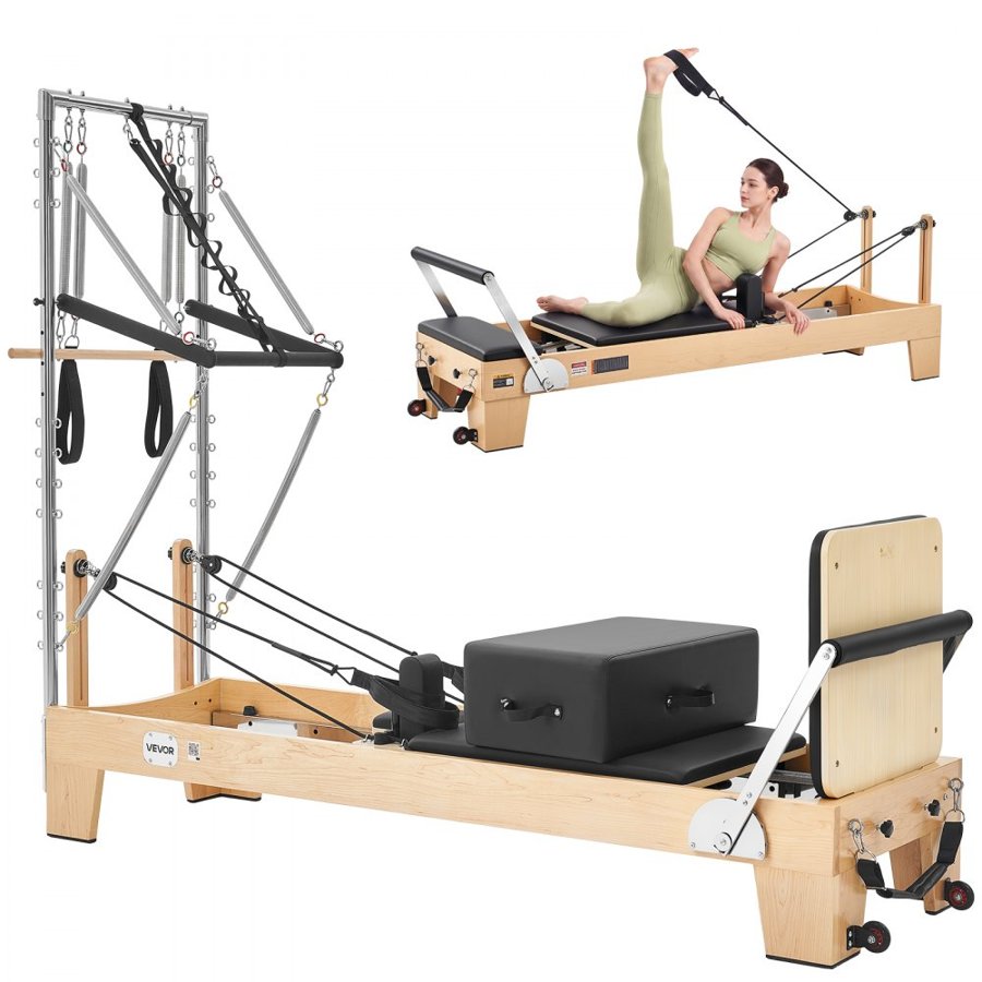 VEVOR Pilates Reformer with Tower 2.4 m Pilates Machine 181 kg Maple Wood, for Home Use and Gym Workout, with Jump Board, Music Wire Springs, and Sitting Box, Suitable for Advanced and Beginners Users