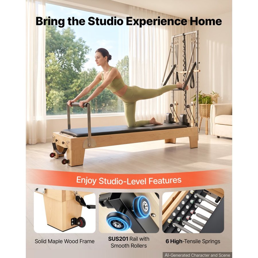 VEVOR Pilates Reformer with Tower 2.4 m Pilates Machine 181 kg Maple Wood, for Home Use and Gym Workout, with Jump Board, Music Wire Springs, and Sitting Box, Suitable for Advanced and Beginners Users