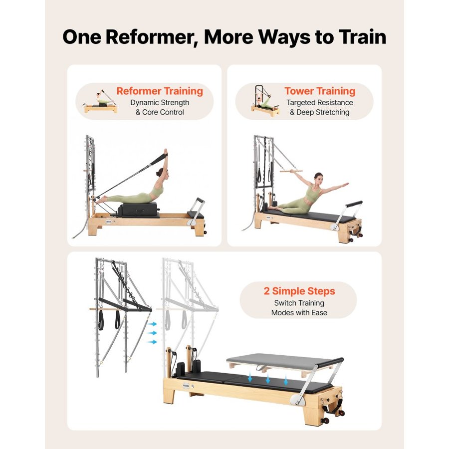 VEVOR Pilates Reformer with Tower 2.4 m Pilates Machine 181 kg Maple Wood, for Home Use and Gym Workout, with Jump Board, Music Wire Springs, and Sitting Box, Suitable for Advanced and Beginners Users