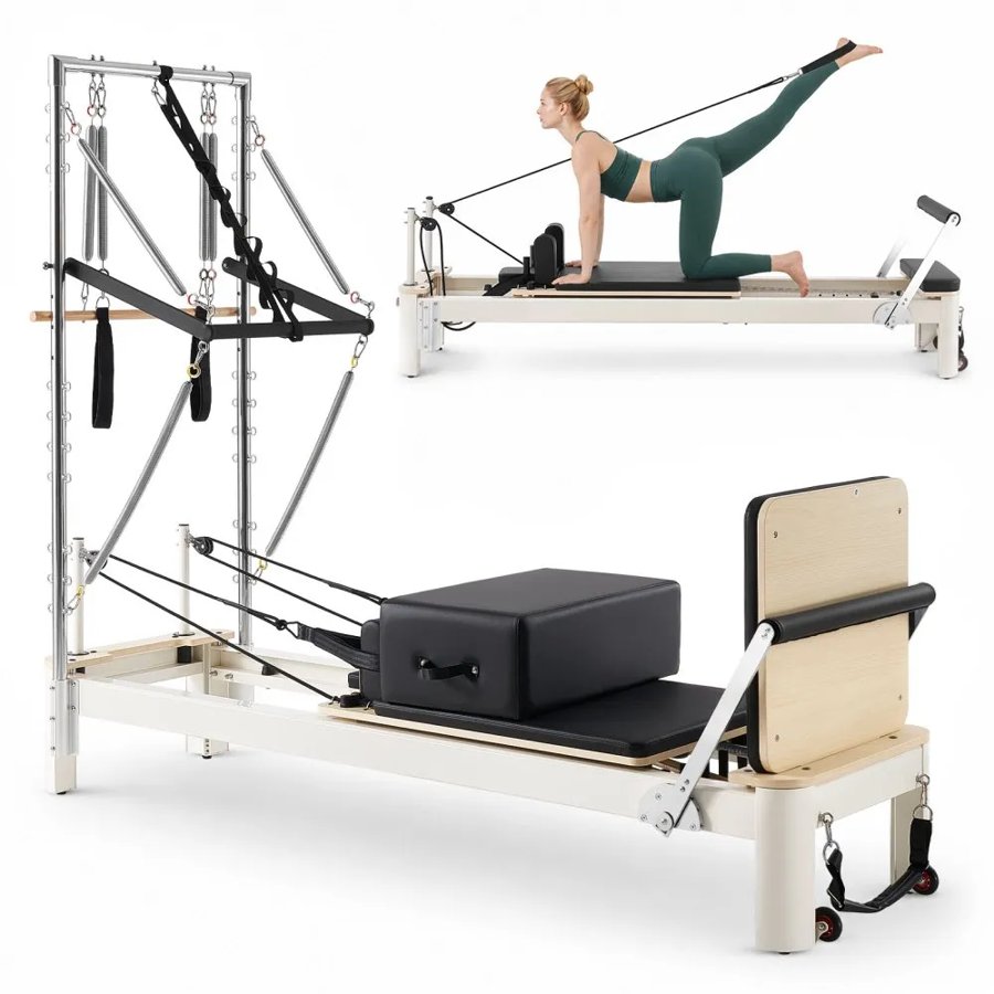 VEVOR Pilates Reformer with Tower 2.4m Pilates Machine 181kg Aluminum Alloy, for Home Use and Gym Workout, with Jump Board, Springs, Sitting Box, and Adjustable Headerest, for Advanced Beginners Users