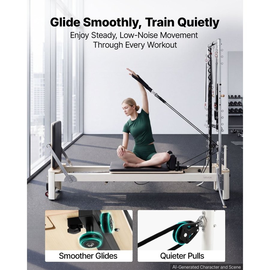 VEVOR Pilates Reformer with Tower 2.4m Pilates Machine 181kg Aluminum Alloy, for Home Use and Gym Workout, with Jump Board, Springs, Sitting Box, and Adjustable Headerest, for Advanced Beginners Users