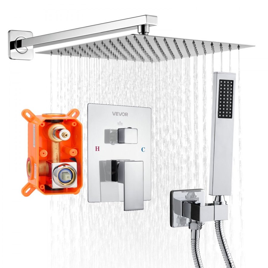 VEVOR Shower Faucet Set, Rainfall Bathroom Shower System with 12-Inch (30.5cm) Square Rain Shower Head and Handheld Spray, Wall Mounted Bath Fixtures with Brass Valve and Trim Kit, Silver Chrome