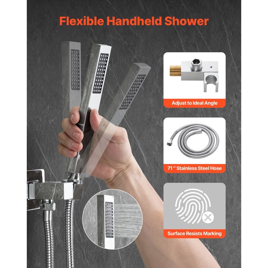 VEVOR Shower Faucet Set, Rainfall Bathroom Shower System with 12-Inch (30.5cm) Square Rain Shower Head and Handheld Spray, Wall Mounted Bath Fixtures with Brass Valve and Trim Kit, Silver Chrome