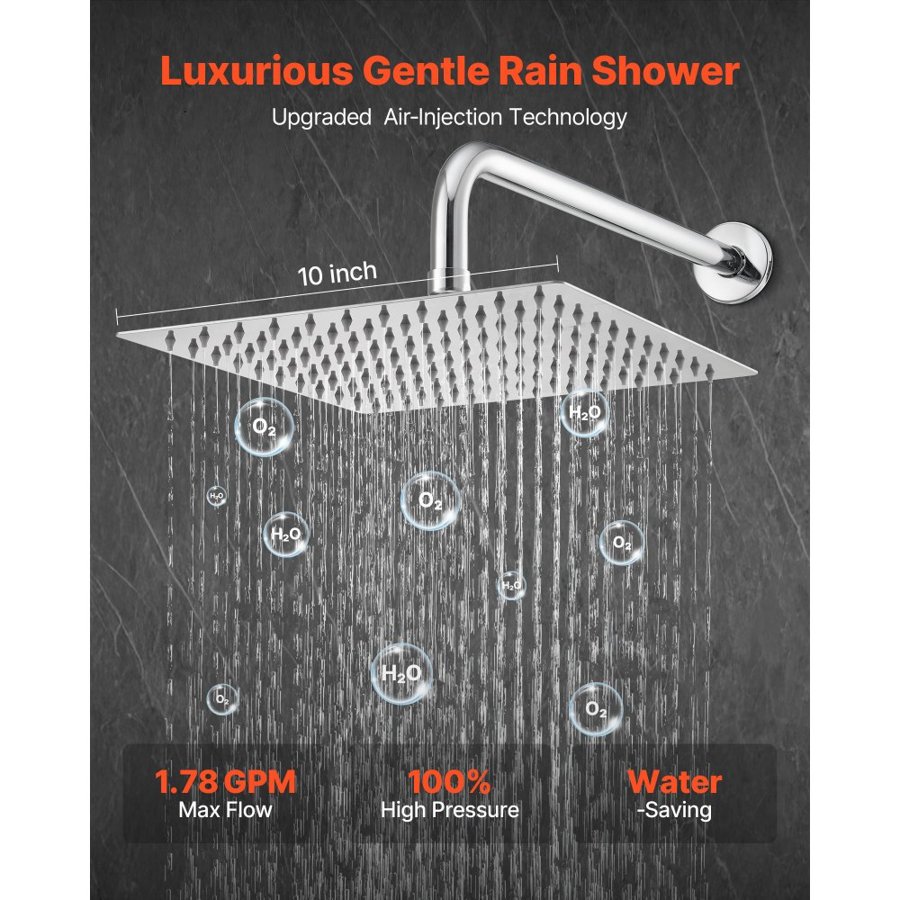 VEVOR Shower Faucet Set, Rainfall Bathroom Shower System with 10-Inch (25.4cm) Square Rain Shower Head and Handheld Spray, Wall Mounted Bath Fixtures with Brass Valve and Trim Kit, Silver Chrome