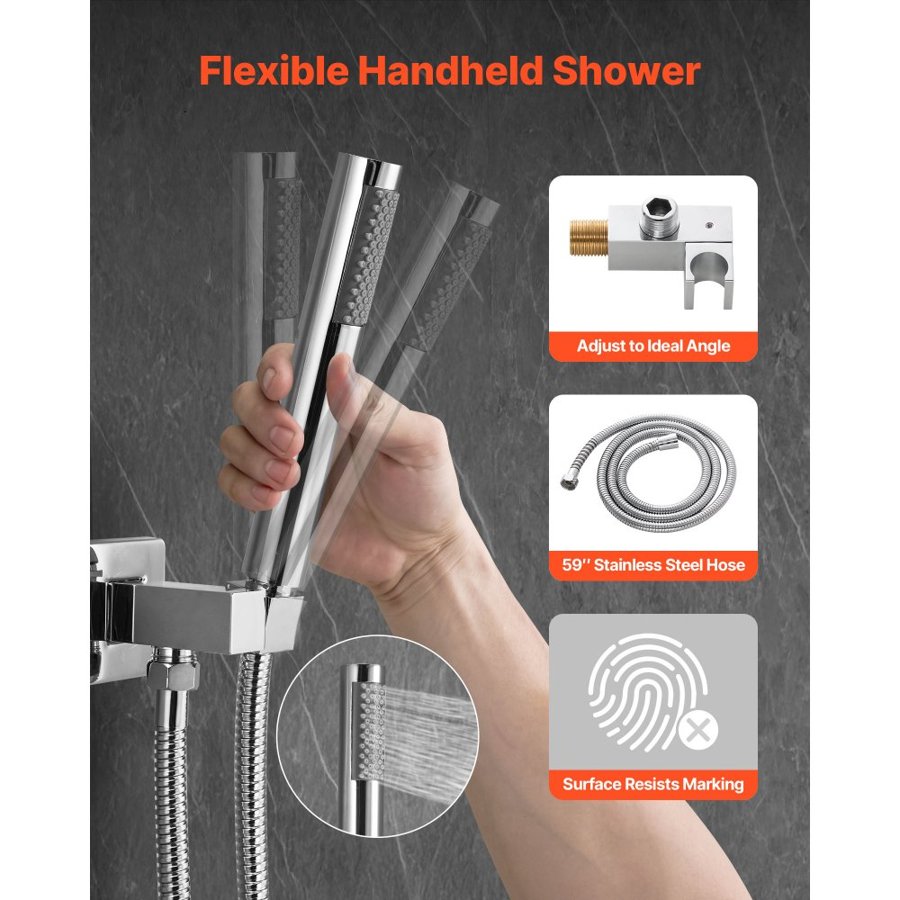 VEVOR Shower Faucet Set, Rainfall Bathroom Shower System with 10-Inch (25.4cm) Square Rain Shower Head and Handheld Spray, Wall Mounted Bath Fixtures with Brass Valve and Trim Kit, Silver Chrome