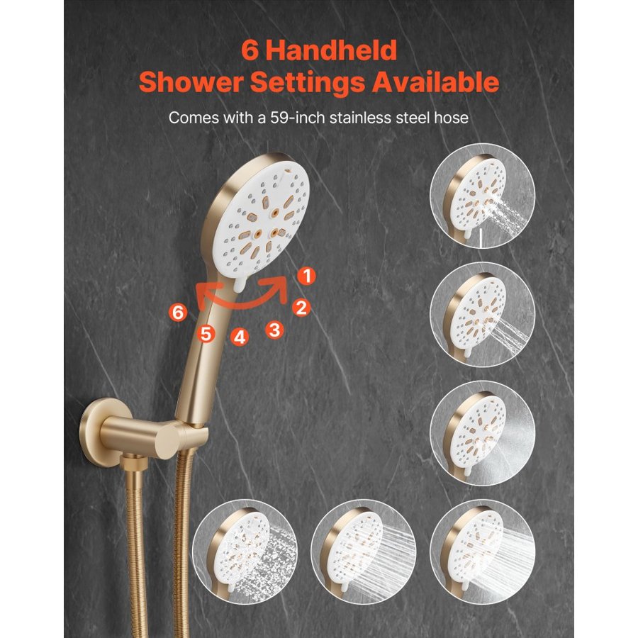 VEVOR Shower Faucet Set, Rainfall Bathroom Shower System with 10-Inch (25.4cm) Round Rain Shower Head and Handheld Spray, Wall Mounted Bath Fixtures with Brass Valve and Trim Kit, Brushed Gold
