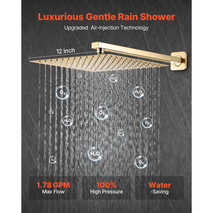 VEVOR Shower Faucet Set, Rainfall Bathroom Shower System with 12-Inch (30.5cm) Square Rain Shower Head and Handheld Spray, Wall Mounted Bath Fixtures with Brass Valve and Trim Kit, Brushed Gold